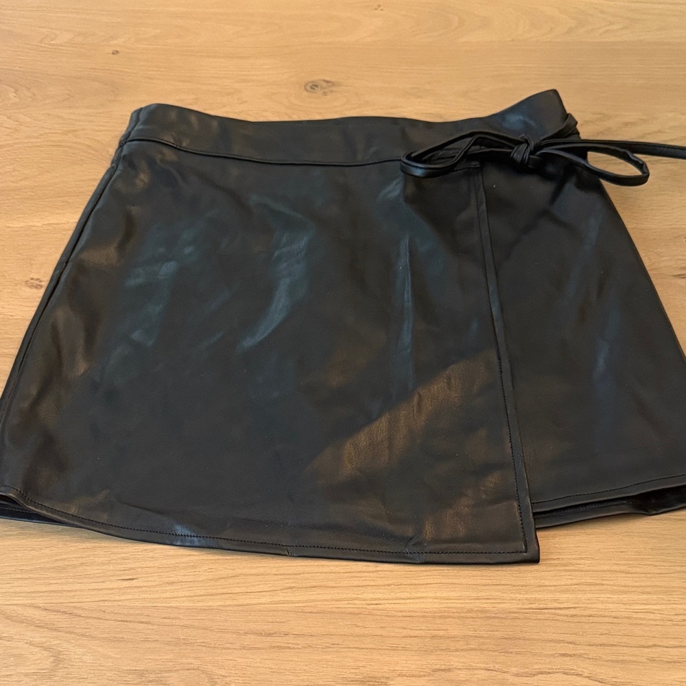 Black Faux Leather Wrap Mini Skirt with Tie Waist
